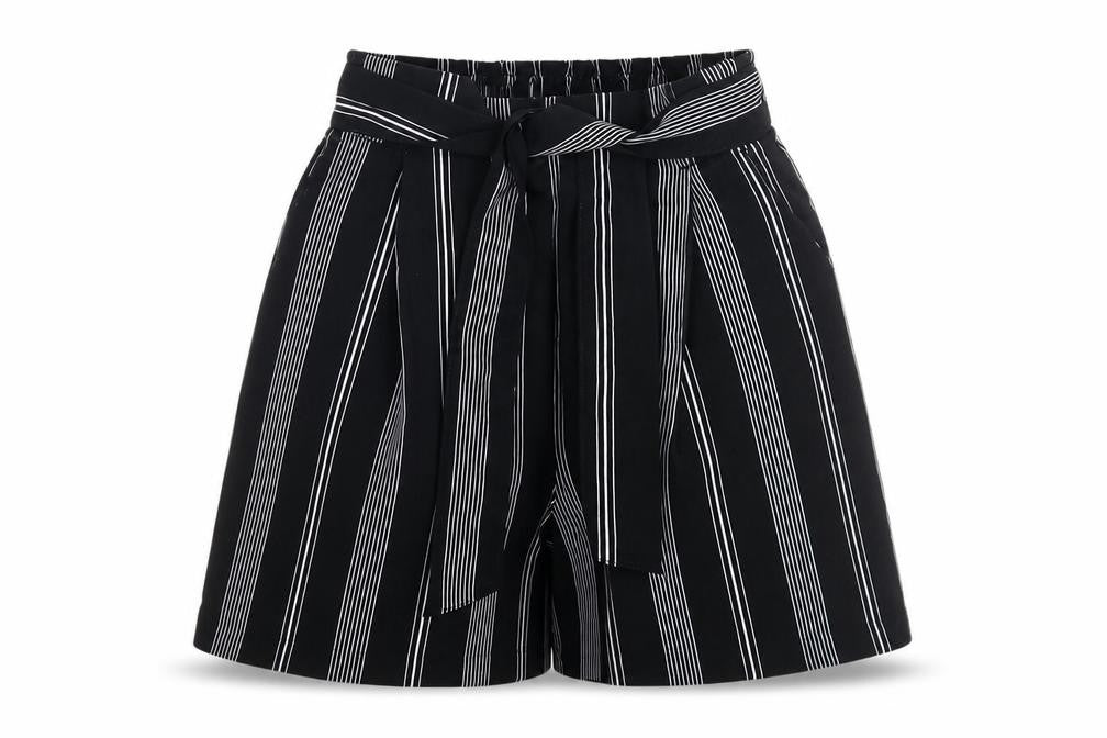 Front view of New Look Women's Black Striped Paperbag Shorts