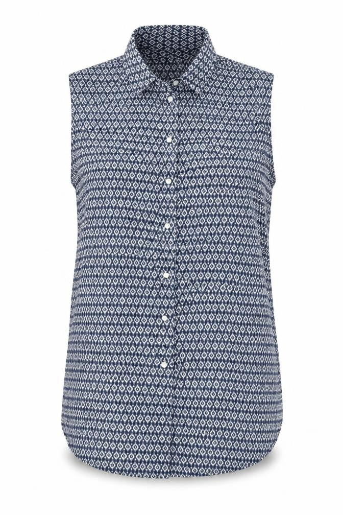 Front view of H&M Women's Blue Sleeveless Geometric Button-Up Top