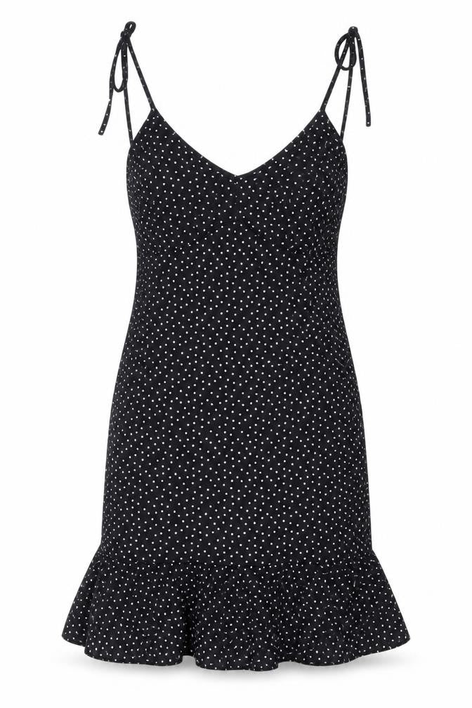 Front view of I Saw It First Women's Black Polka Dot Slip Dress