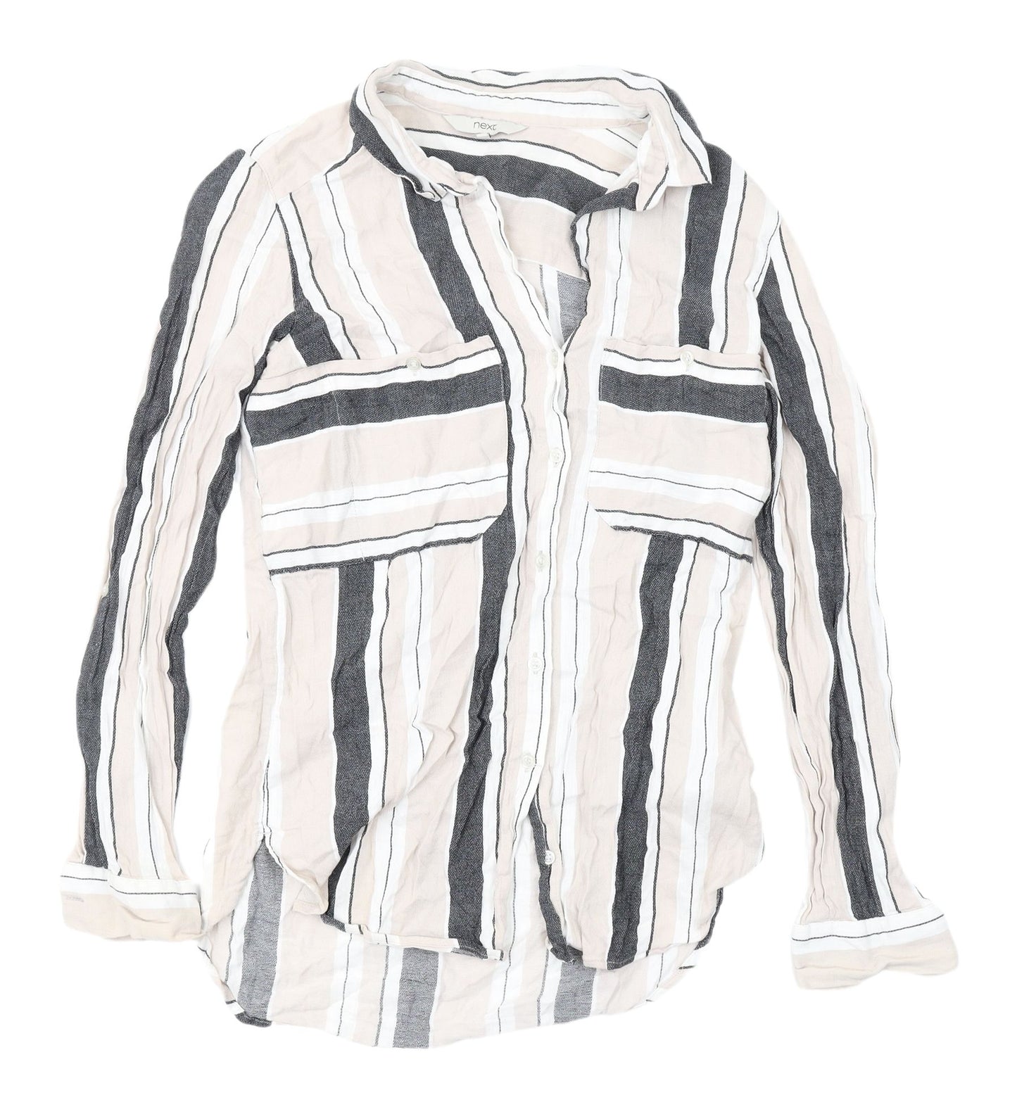 Next Women's Grey & White Striped Button-Up Shirt, Size 8