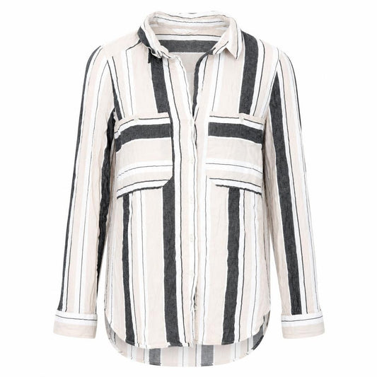 Front view of Next Women's Grey & White Striped Button-Up Shirt, size 8