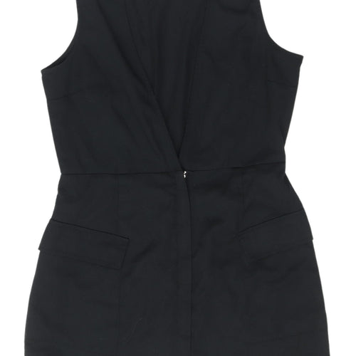 Boohoo Women’s Black Pinafore Dress, Size 14, V-Neck Zip Accent