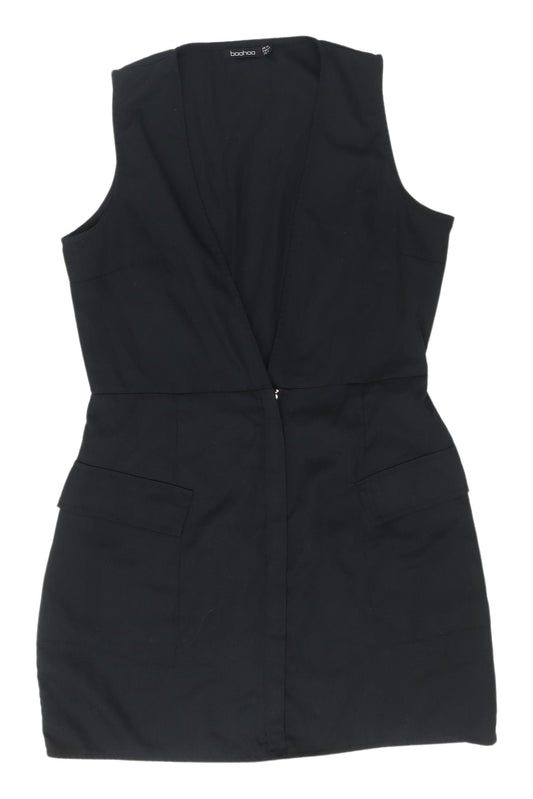 Boohoo Women’s Black Pinafore Dress, Size 14, V-Neck Zip Accent