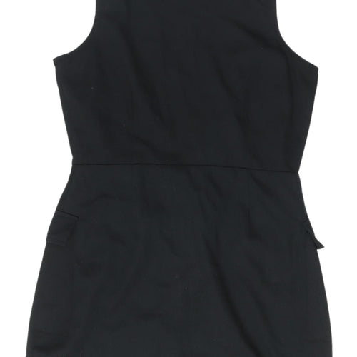 Boohoo Women’s Black Pinafore Dress, Size 14, V-Neck Zip Accent