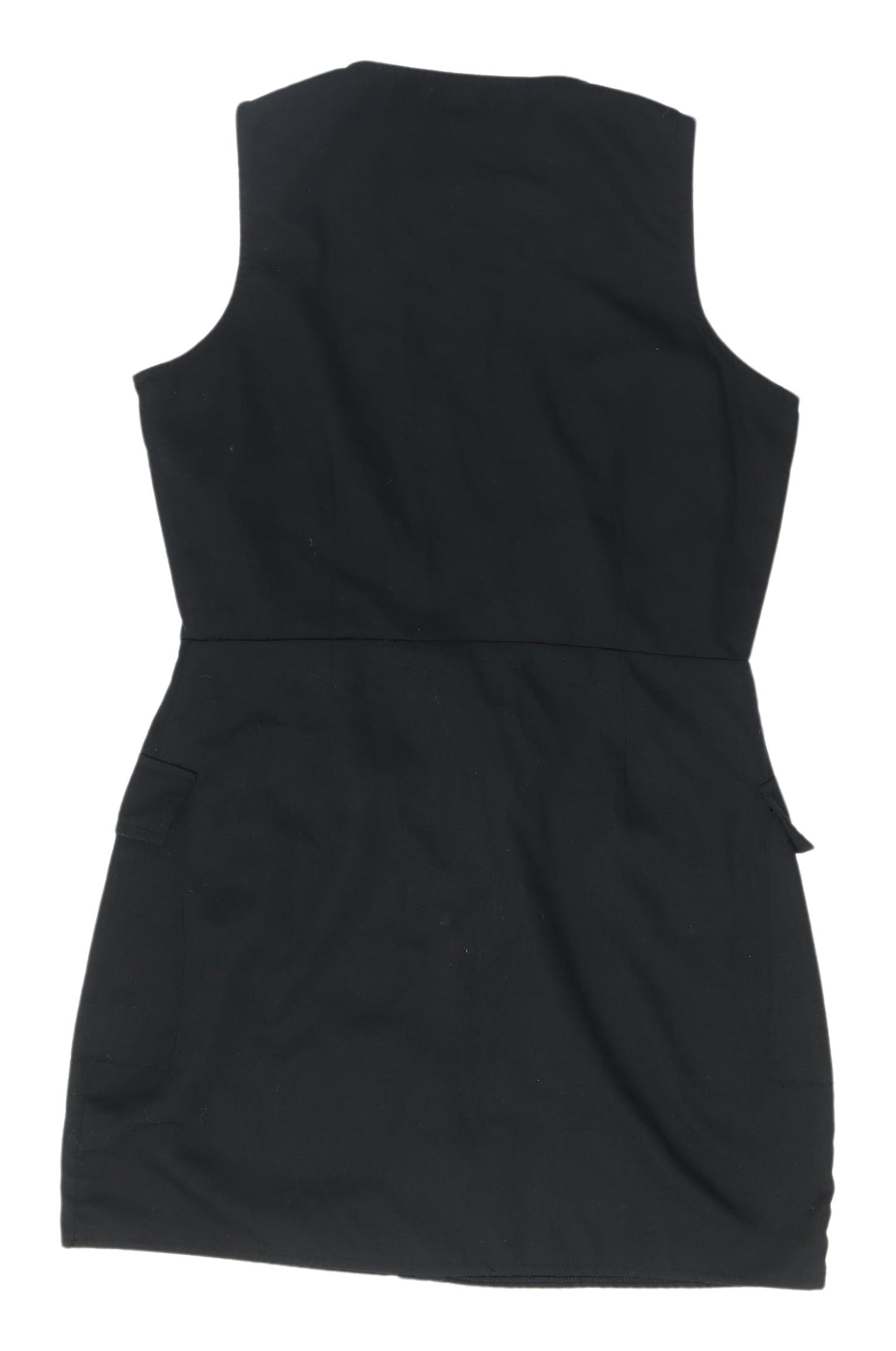 Boohoo Women’s Black Pinafore Dress, Size 14, V-Neck Zip Accent