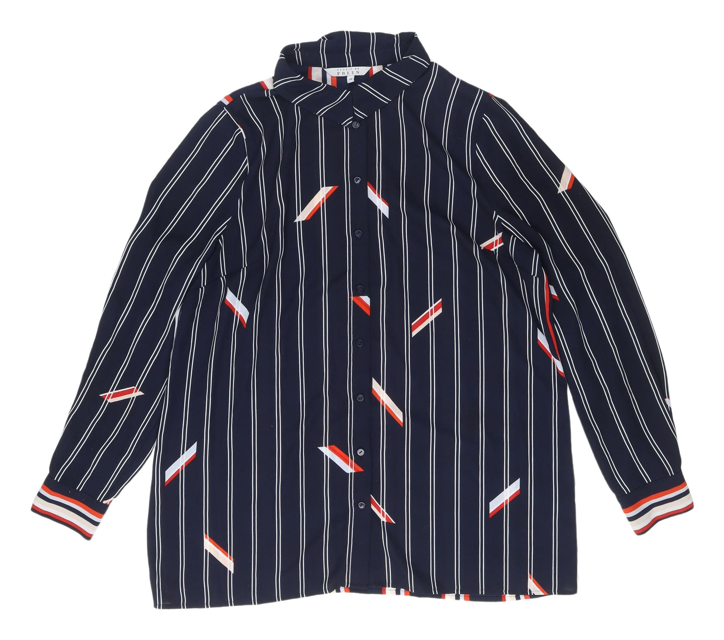 Debenhams Women's Navy Striped Button-Up Shirt Size 16