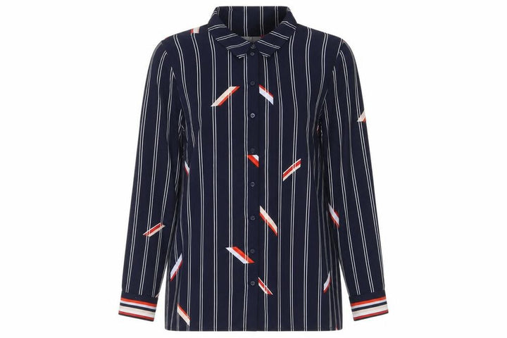 Debenhams Women's Navy Striped Button-Up Shirt Size 16