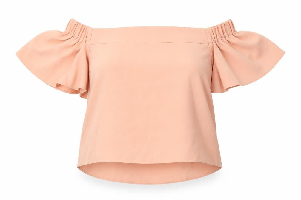 Front view of Topshop Women's Beige Off-Shoulder Blouse, size 10
