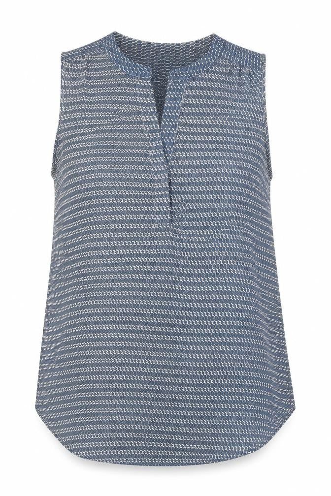 Front view of H&M Women's Blue Geometric Sleeveless Blouse, size 6