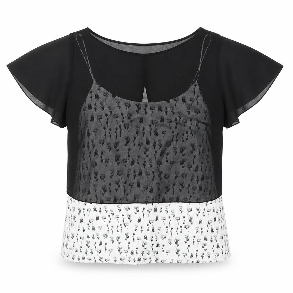 Front view of Mint Velvet Women's Black Floral Cropped Blouse, size 8