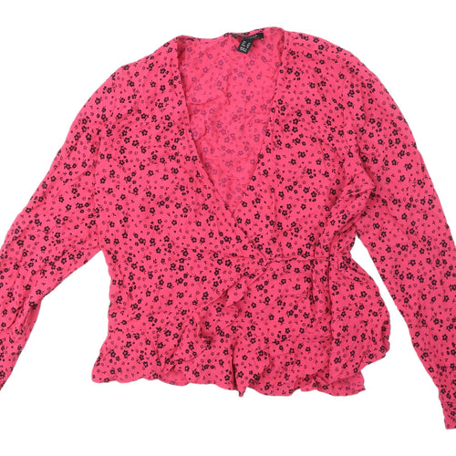 New Look Women's Pink Floral Wrap Blouse Size 14