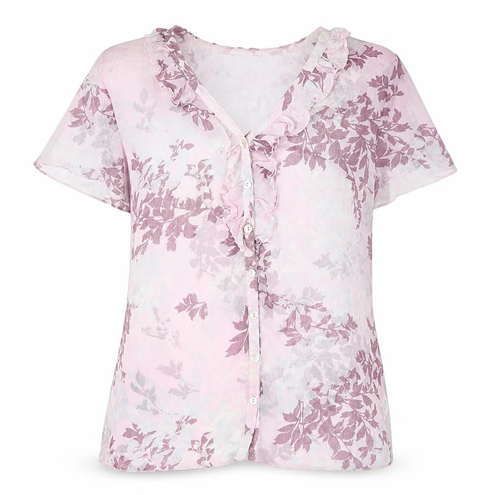 Front view of Bm Women's Pink Floral Wrap Blouse, size 16