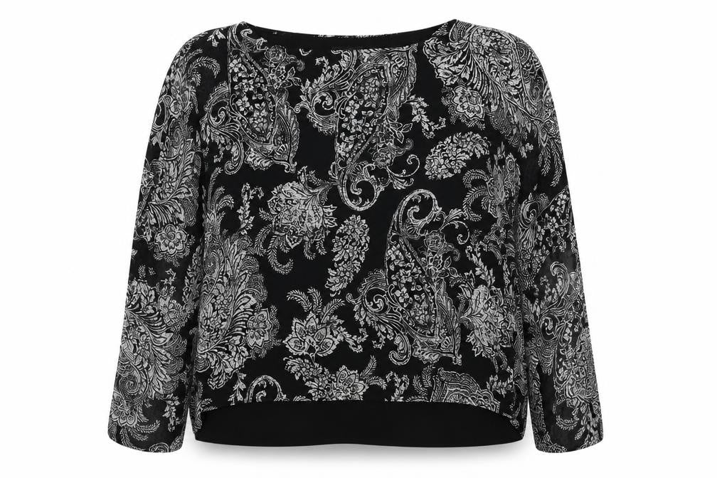 Front view of M&Co Women's Black Paisley Kimono Blouse, size 14