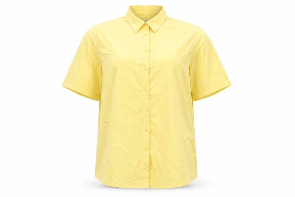 Front view of James Meade Women's Yellow Plus Size Button-Up Shirt