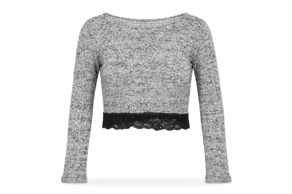 H&M Women's XS Cropped Grey Knit Blouse with Lace
