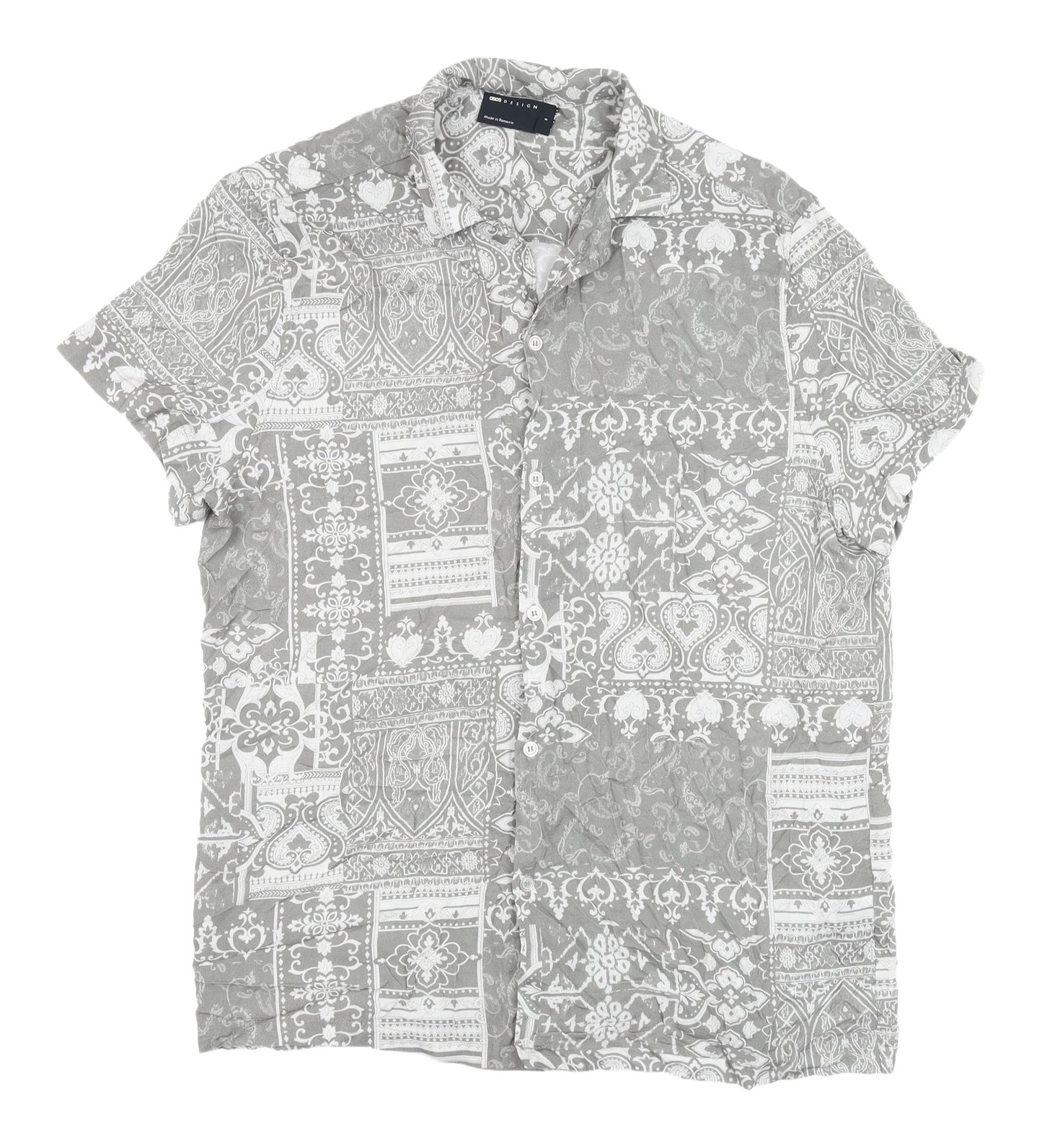 ASOS DESIGN Men's Grey Paisley Short Sleeve Shirt S