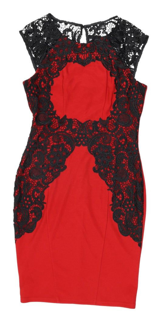 Lipsy Women's Red Bodycon Lace Detail Dress Size 12