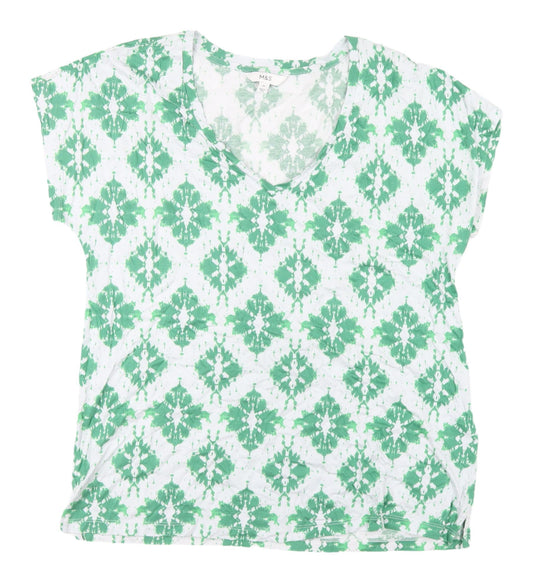 Marks and Spencer Women's Green Geometric T-Shirt Size 14