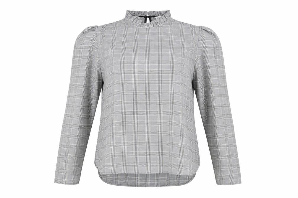 Front view of Zara Women's Grey Check Blouse, Puff Sleeve, size S