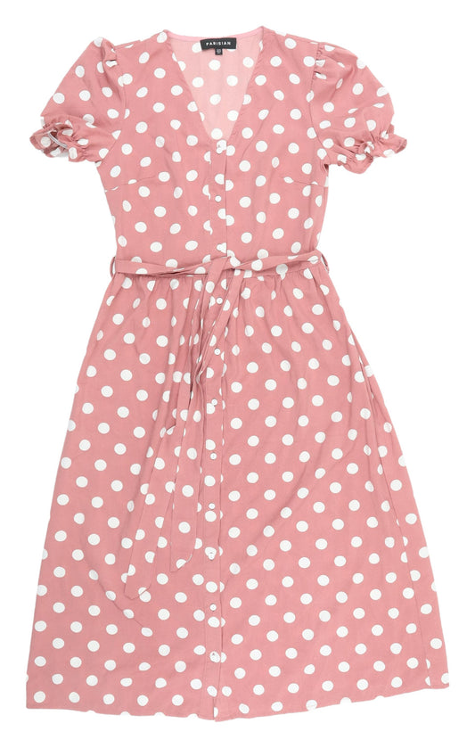 Parisian Pink Polka Dot Puff Sleeve Midi Wrap Dress 10