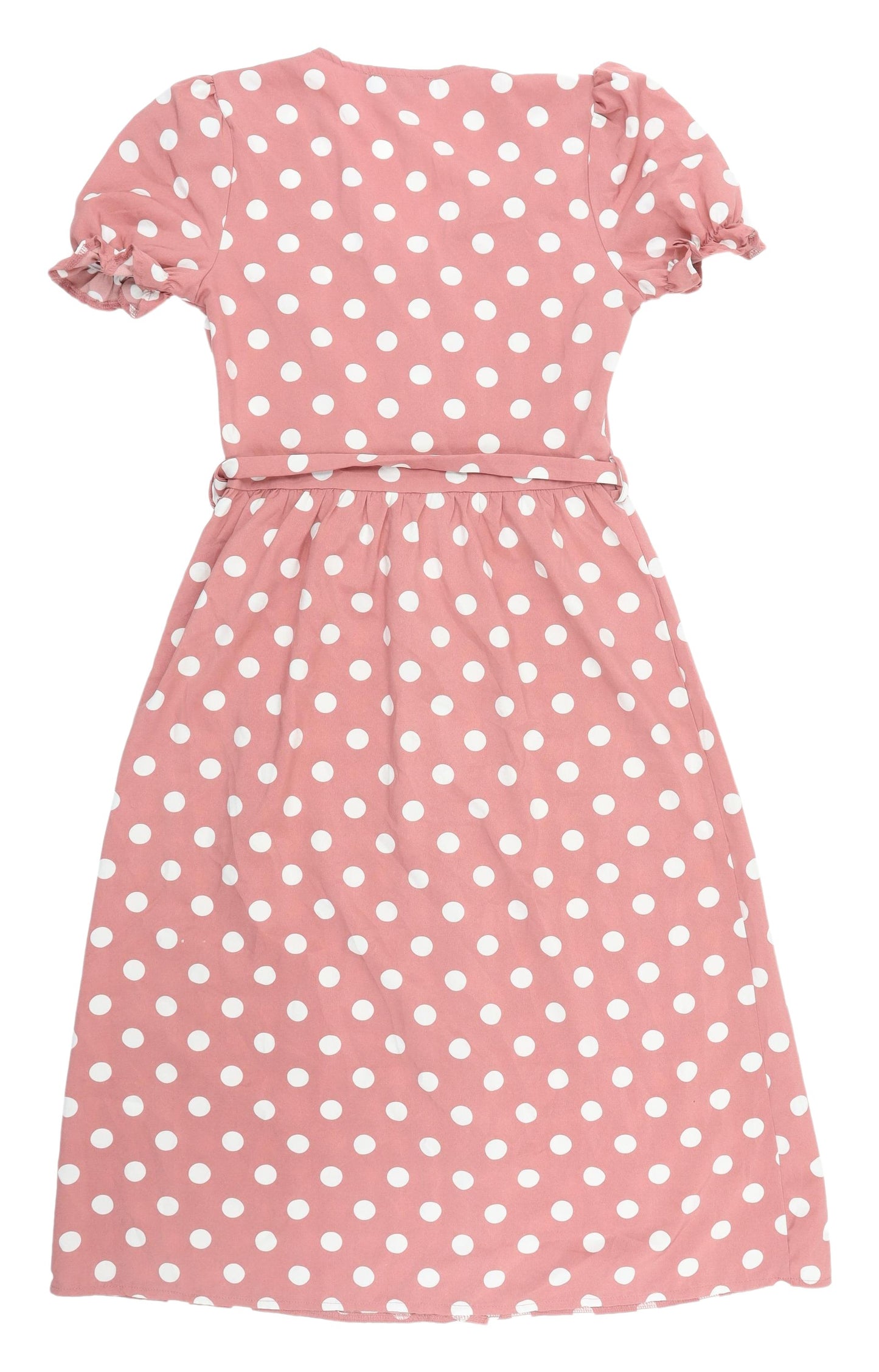 Parisian Pink Polka Dot Puff Sleeve Midi Wrap Dress 10