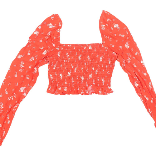 H&M Red Floral Cropped Blouse with Puff Sleeves
