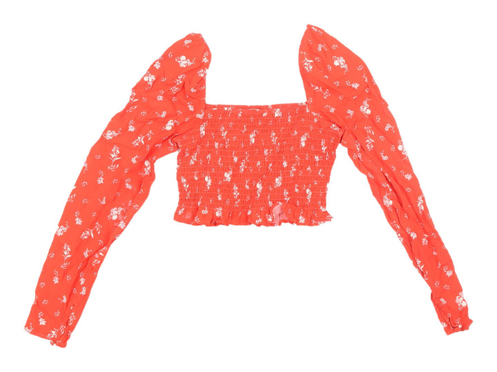 H&M Red Floral Cropped Blouse with Puff Sleeves