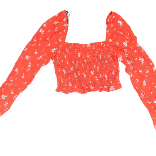 H&M Red Floral Cropped Blouse with Puff Sleeves