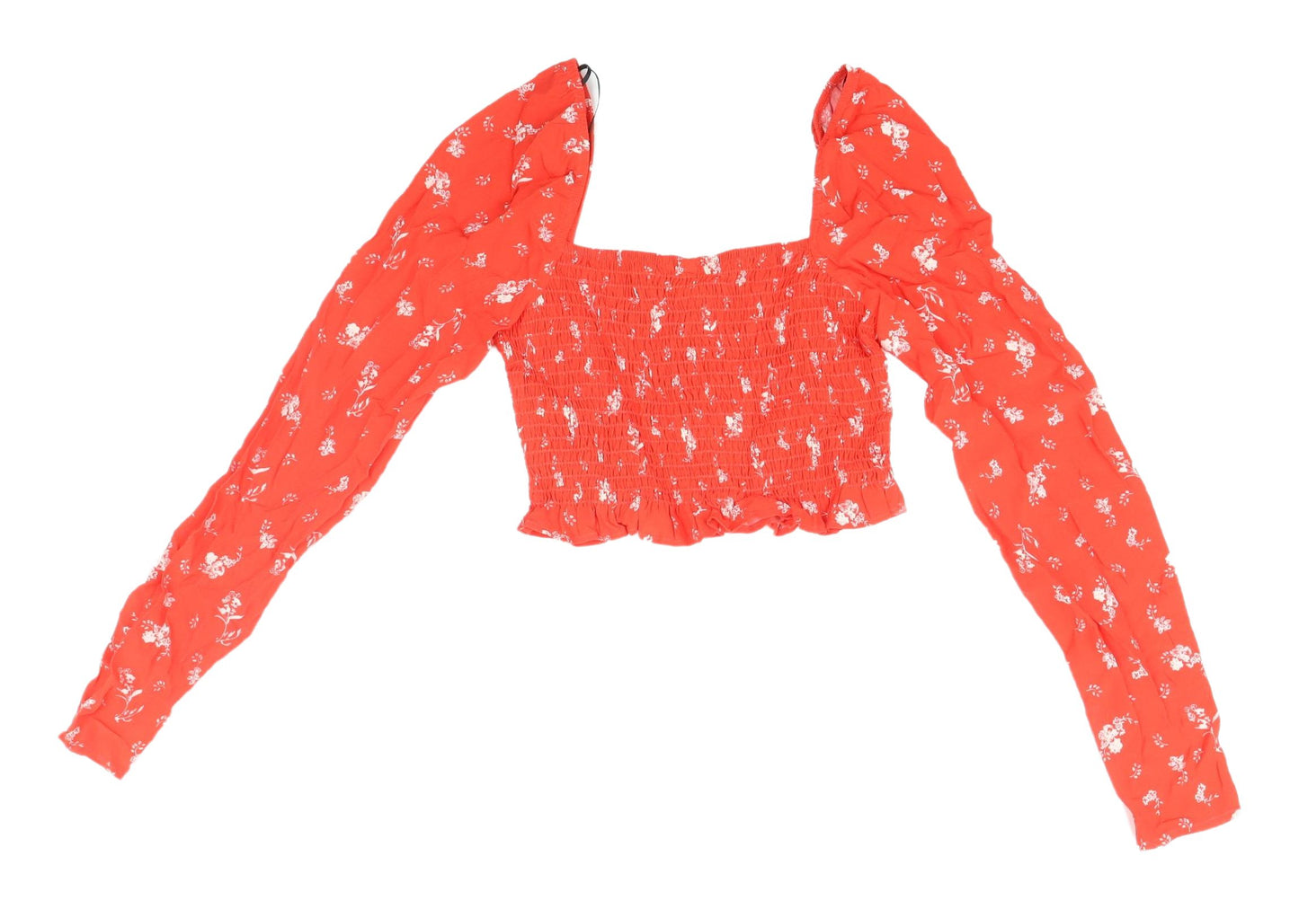 H&M Red Floral Cropped Blouse with Puff Sleeves