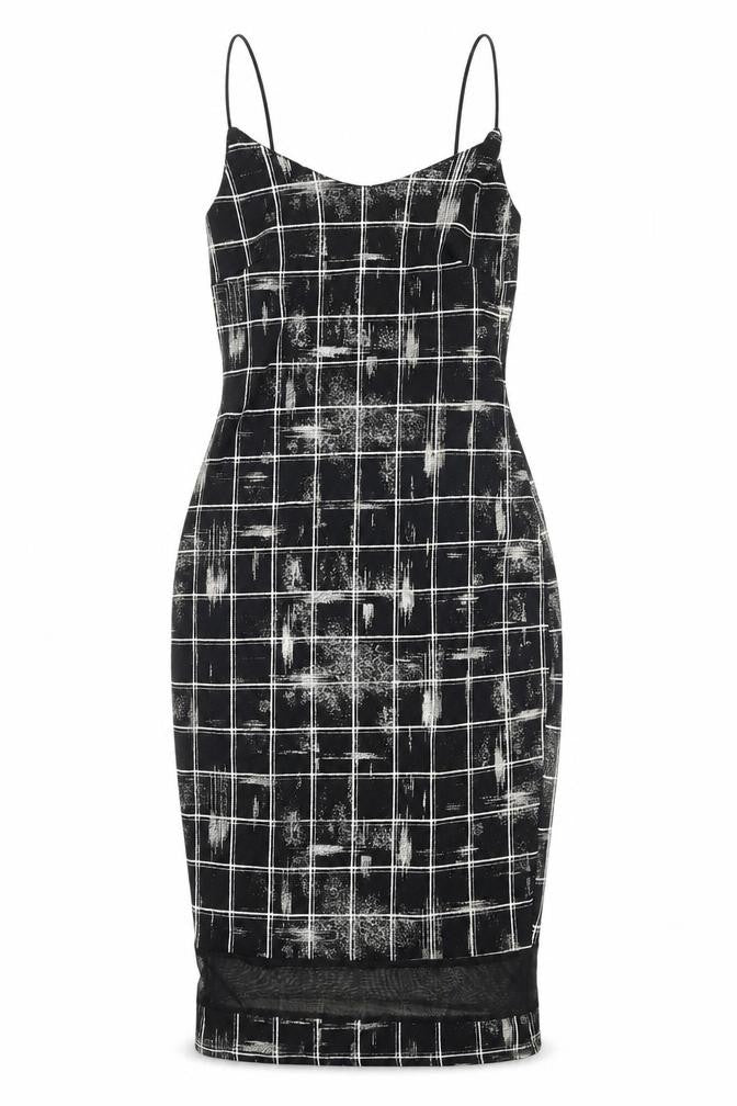 Front view of Cameo Rose Black Check Bodycon Midi Dress UK 10