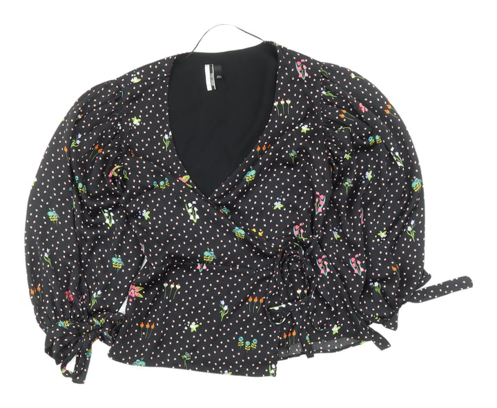 Topshop Women's Black Floral Wrap Blouse UK 8