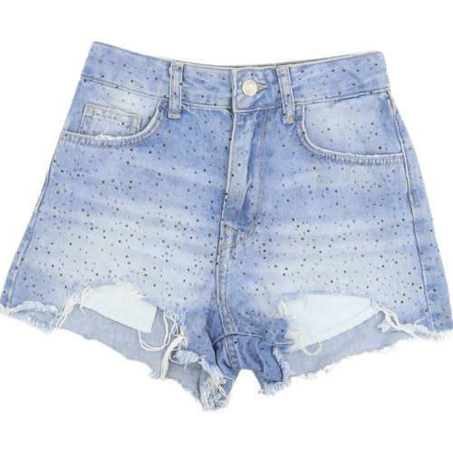 Bershka Women's Blue Denim Cut-Off Shorts Size 4