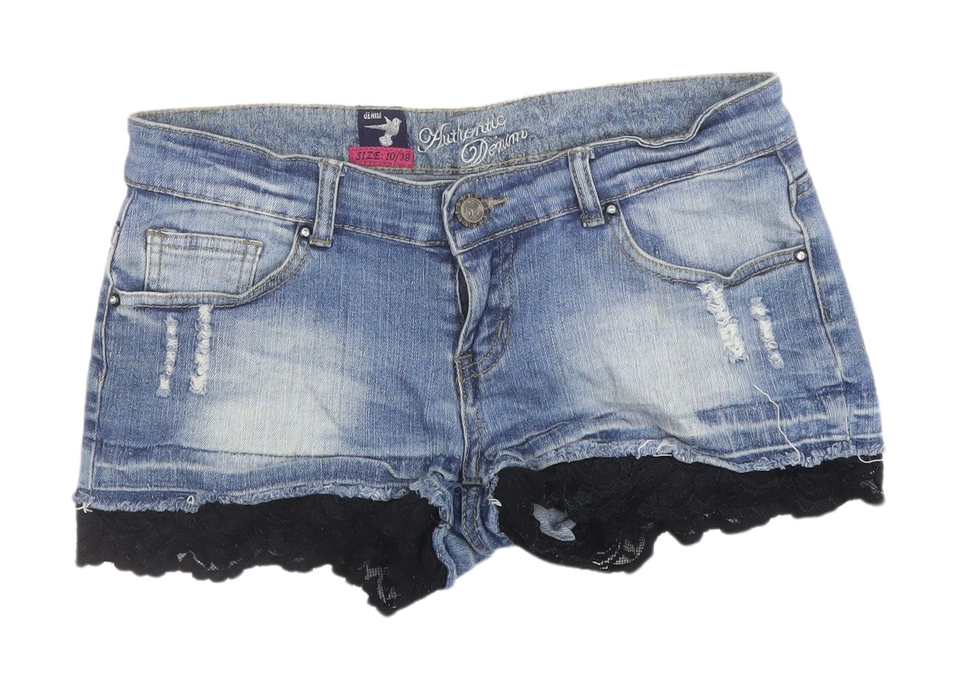 Authentic Denim Women's Blue Cut-Off Denim Shorts with Lace Trim