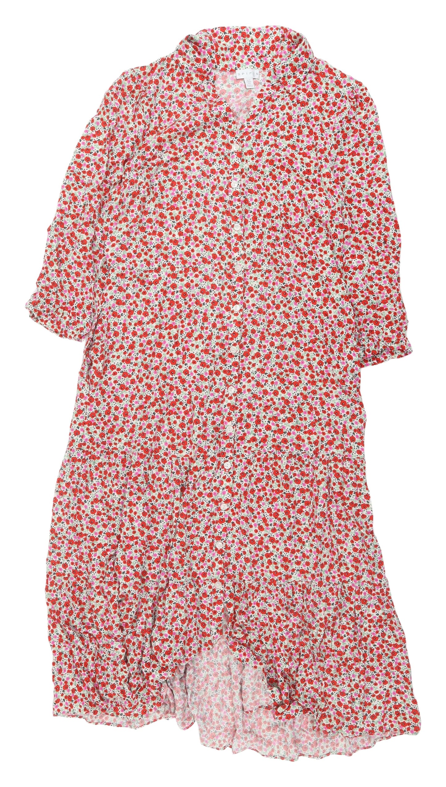 Spirit Women's Red Floral Shirt Dress, Size 14, 3/4 Sleeve