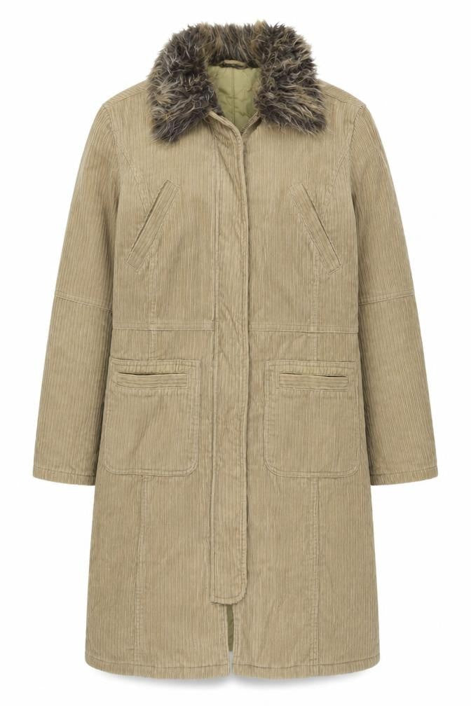 Front view of Miss Selfridge Beige Fur Trim Coat, Women's, size 10