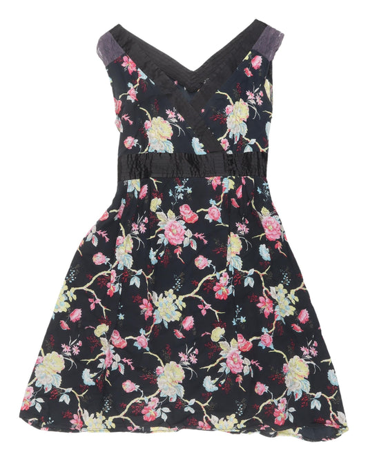 Mela Loves London Black Floral A-Line Dress - Size S, V-Neck