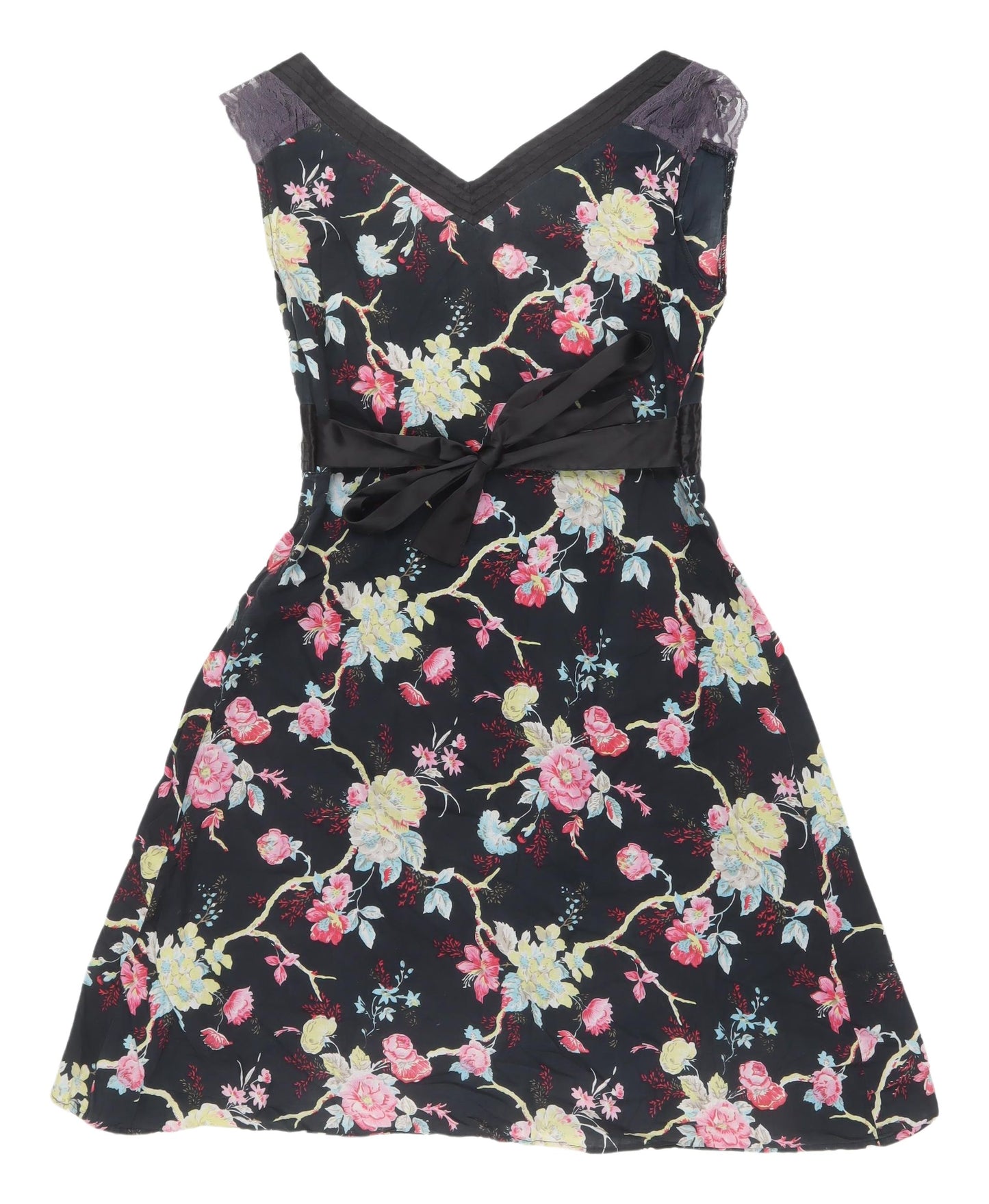 Mela Loves London Black Floral A-Line Dress - Size S, V-Neck