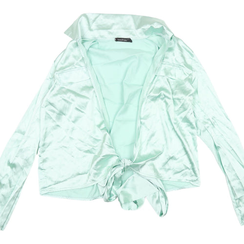 Boohoo Green Cropped Satin Blouse, Size 14, Casual V-Neck