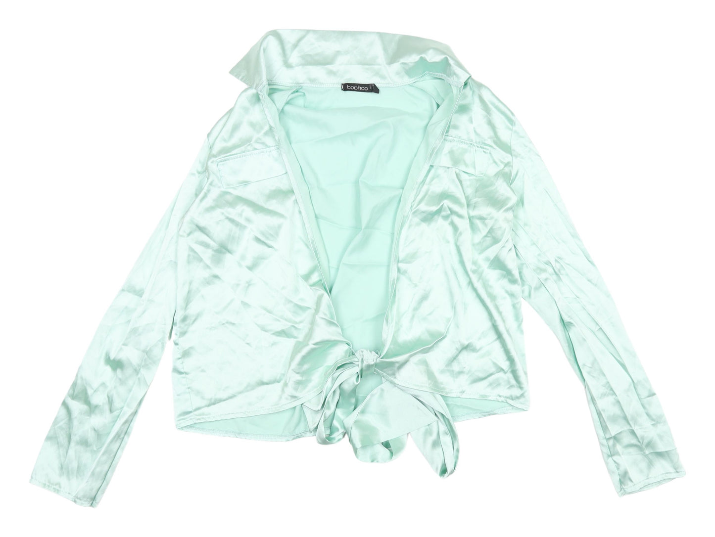 Boohoo Green Cropped Satin Blouse, Size 14, Casual V-Neck
