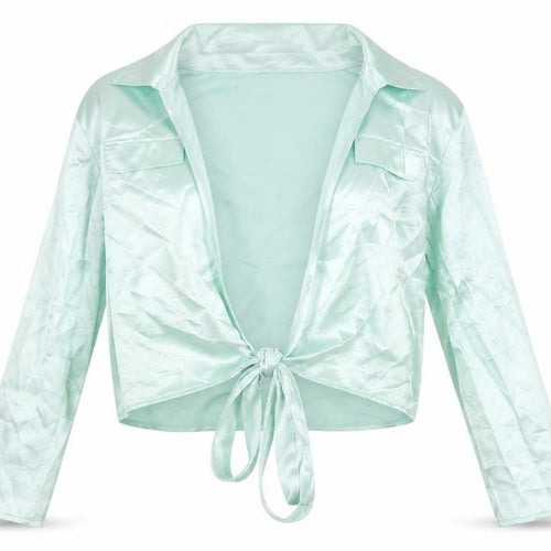 Boohoo Green Cropped Satin Blouse, Size 14, Casual V-Neck