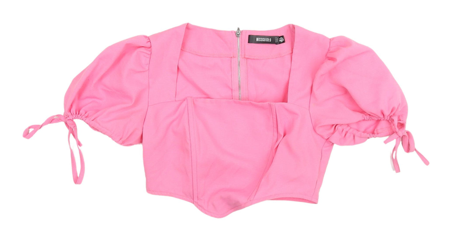 Missguided Women's Pink Cropped Blouse with Balloon Sleeves
