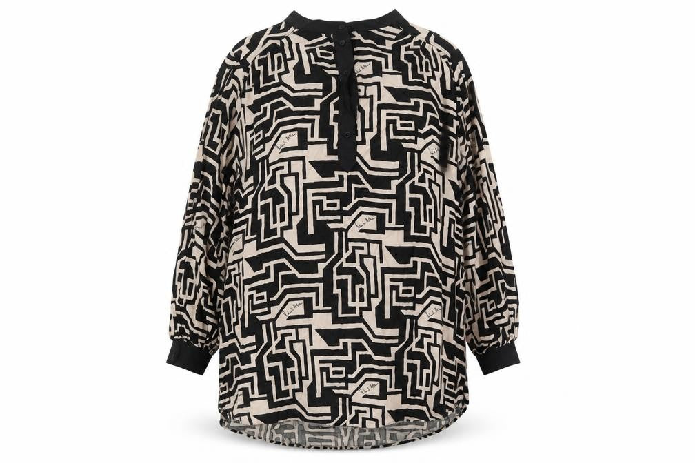 Front view of H&M Women’s Black Geometric Blouse, Relaxed 2XL