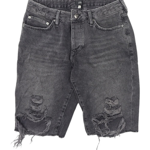 River Island Men's Black Cargo Shorts L Distressed Denim
