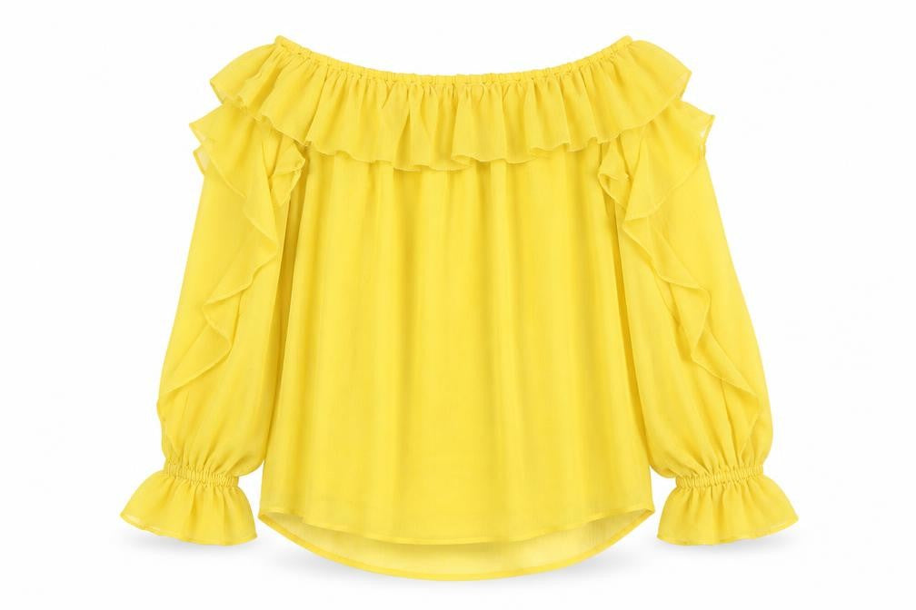 Front view of River Island Women's Yellow Off Shoulder Ruffle Blouse