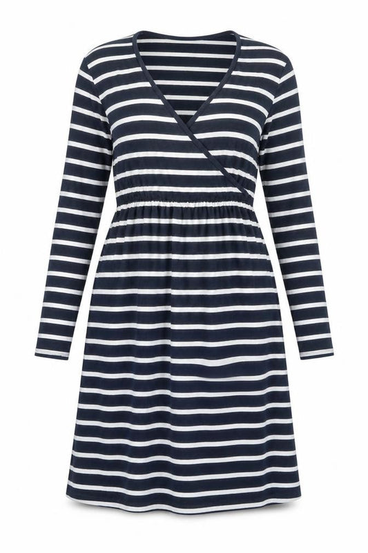 Front view of La Redoute Women’s Blue Striped Wrap Dress, size UK 6
