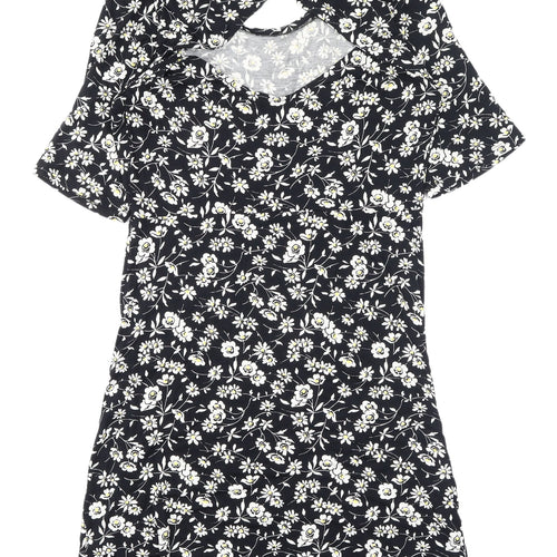 Next Floral A-Line Knee Length Dress, UK 14, Black