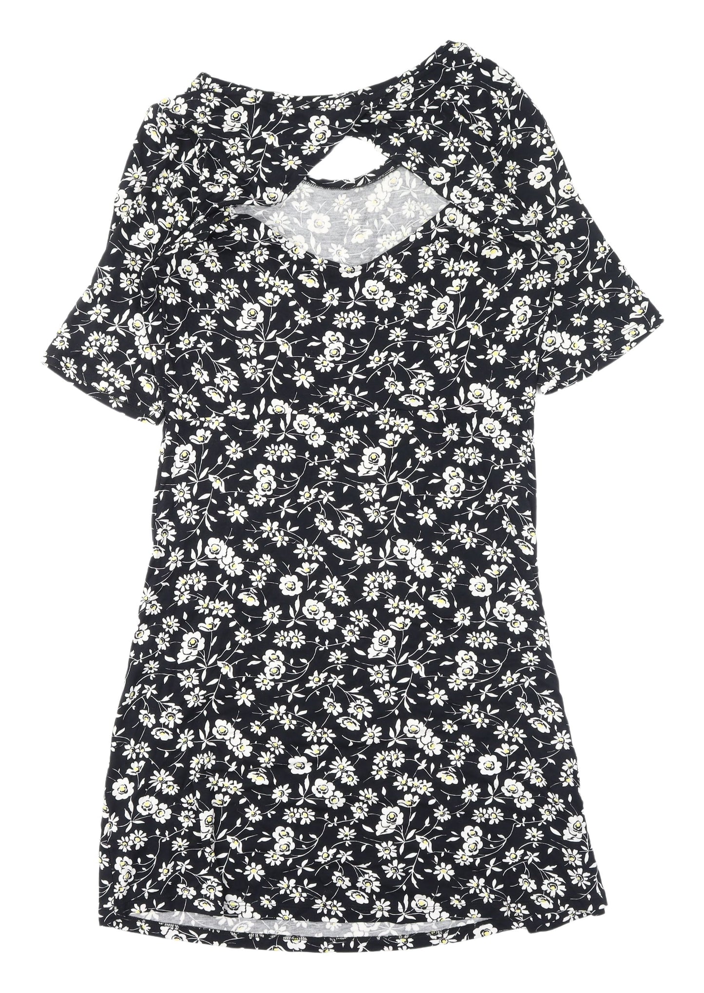 Next Floral A-Line Knee Length Dress, UK 14, Black