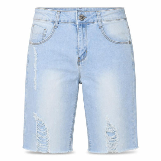 Front view of The Rockn Rev unisex light blue denim bermuda shorts