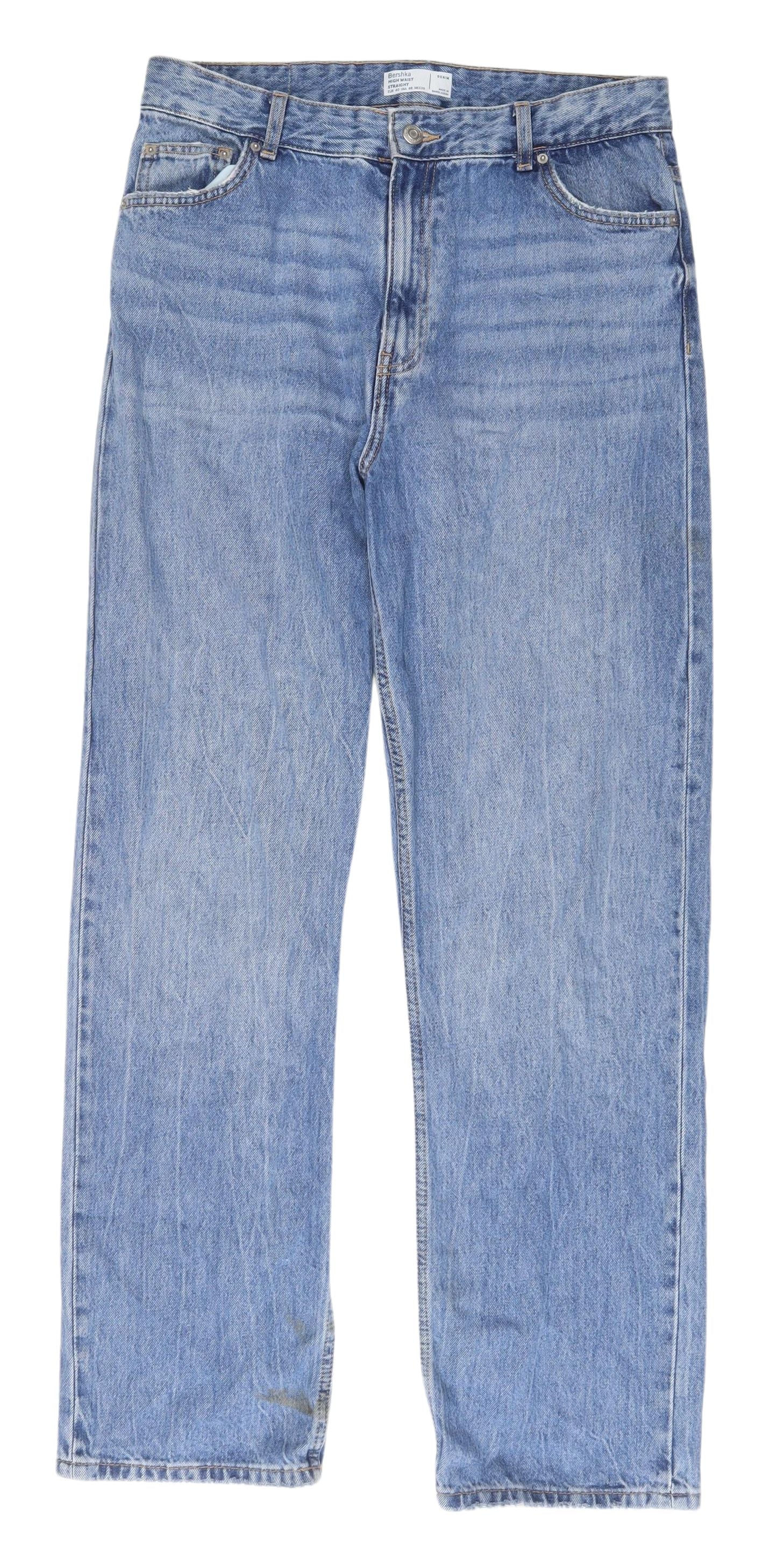 Bershka Women's Blue High-Waist Straight Jeans