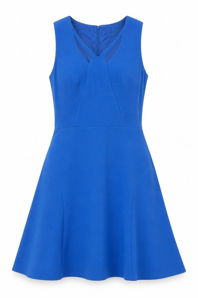 Front view of Warehouse Women's Blue Fit & Flare Sleeveless Mini Dress